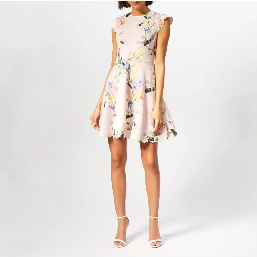 Ted Baker Karsali Elegance Scallop Skater Nude Pink Floral Cap Sleeve Dress 2 XS - Picture 4 of 16